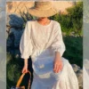 Women's Cotton Floral Embroidery Lace Ruffle Puff 3/4 Sleeve Top Skirt Set