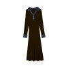 Elegant Wool Blend Denim Patchwork Polo Long Sleeve Knit Midi Dress