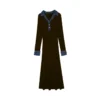 Elegant Wool Blend Denim Patchwork Polo Long Sleeve Knit Midi Dress