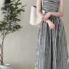French Style Crinkled Striped Cotton Blend Spaghetti Strap Maxi Dress