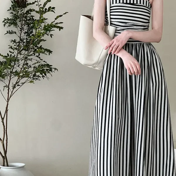 French Style Crinkled Striped Cotton Blend Spaghetti Strap Maxi Dress