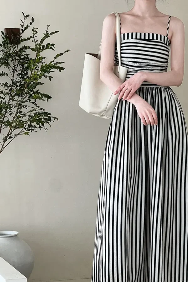 French Style Crinkled Striped Cotton Blend Spaghetti Strap Maxi Dress