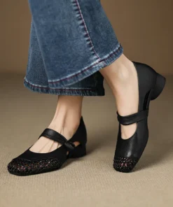 Women's Casual Cutout Leather Low Thick Heel Round Toe Sandals