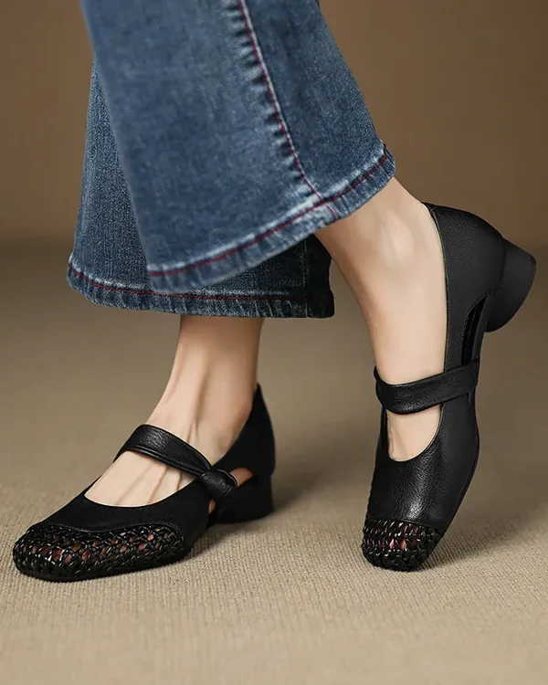 Women's Casual Cutout Leather Low Thick Heel Round Toe Sandals