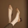 Women's Leather Block Heel Square Toe SlipOn Vintage Pumps Classic Dress Shoes