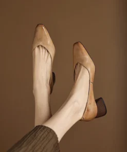 Women's Leather Block Heel Square Toe SlipOn Vintage Pumps Classic Dress Shoes