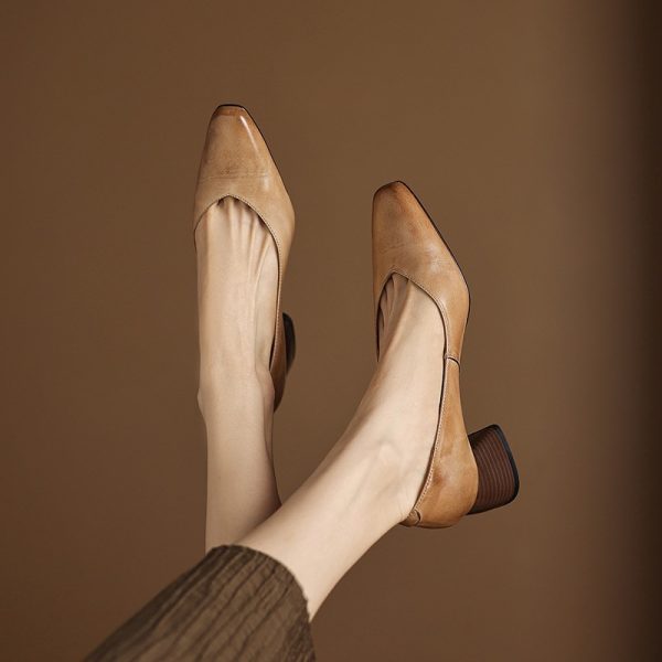 Women's Leather Block Heel Square Toe SlipOn Vintage Pumps Classic Dress Shoes