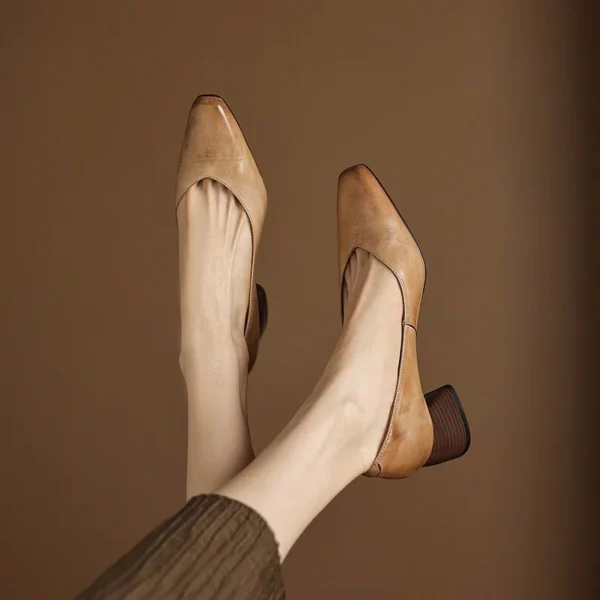 Women's Leather Block Heel Square Toe SlipOn Vintage Pumps Classic Dress Shoes