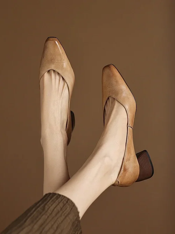 Women's Leather Block Heel Square Toe SlipOn Vintage Pumps Classic Dress Shoes
