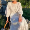 Women's Cotton Floral Embroidery Lace Ruffle Puff 3/4 Sleeve Top Skirt Set