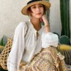 Boho White Breathable Cotton Broderie Anglaise Puff Sleeve Blouse