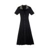Women Black Rhinestone Collar Buttoned Short Sleeve Knit Midi Dress