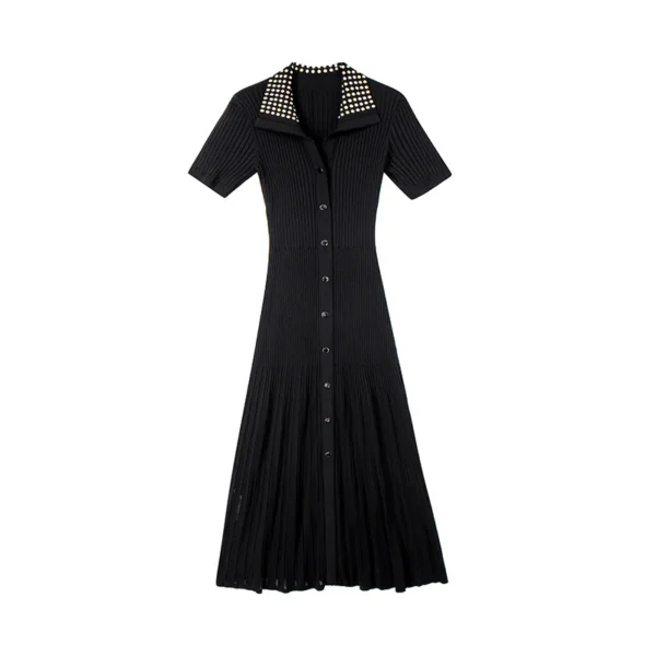 Women Black Rhinestone Collar Buttoned Short Sleeve Knit Midi Dress
