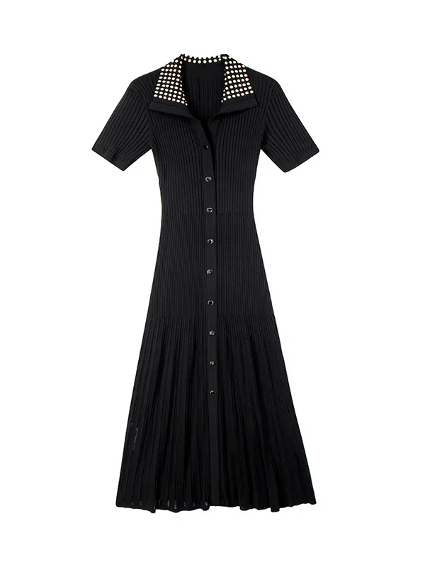 Women Black Rhinestone Collar Buttoned Short Sleeve Knit Midi Dress