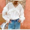 French White Cotton Blouse Long Sleeve V Neck Embroidery Lace Ruffle
