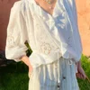 Bohemian Cotton Embroidered Floral V-neck 3/4 Hollow Out Top Midi Skirt