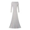 Elegant Off-Shoulder Long Sleeve Striped Color-Block Midi Knit Dress Skin-Friendly Cooling