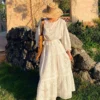 Women's Cotton Floral Embroidery Lace Ruffle Puff 3/4 Sleeve Top Skirt Set