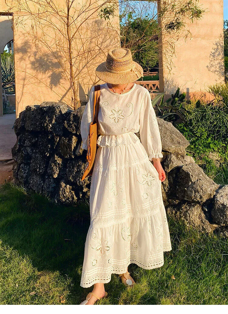 Women's Cotton Floral Embroidery Lace Ruffle Puff 3/4 Sleeve Top Skirt Set