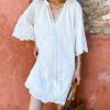 Cotton Embroidered Eyelet Tassel Loose Midi Dress 3/4 Sleeve Boho