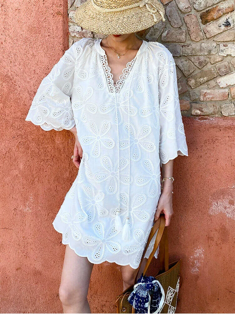 Cotton Embroidered Eyelet Tassel Loose Midi Dress 3/4 Sleeve Boho