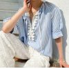 Women's Resort Striped Linen Mix Short Sleeve Loose V Neck Shirt Lace Tassel