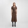 Dark Brown Collared Short Sleeve Knit Midi Dress Elegant Work Casual