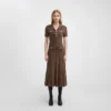 Dark Brown Collared Short Sleeve Knit Midi Dress Elegant Work Casual