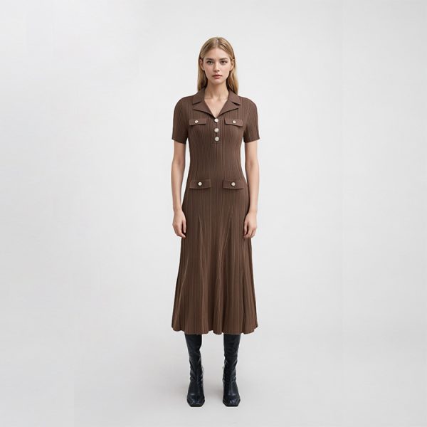 Dark Brown Collared Short Sleeve Knit Midi Dress Elegant Work Casual