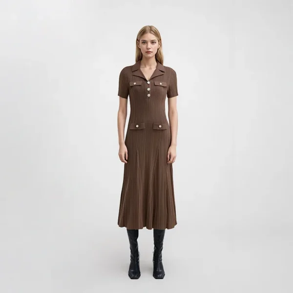 Dark Brown Collared Short Sleeve Knit Midi Dress Elegant Work Casual