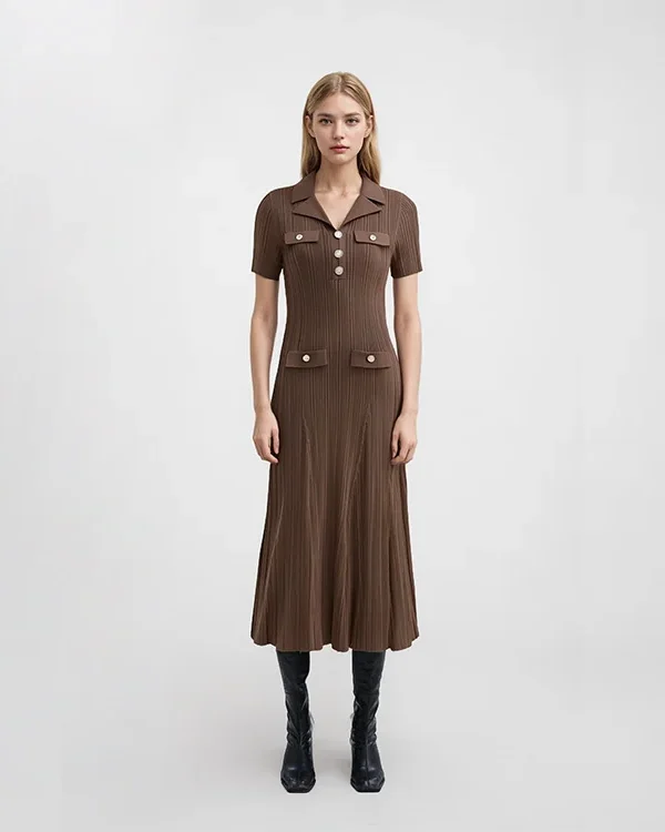 Dark Brown Collared Short Sleeve Knit Midi Dress Elegant Work Casual