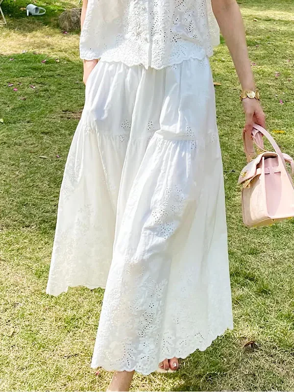 French Riviera Breathable Cotton Broderie Anglaise Midi Skirt