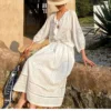 Bohemian Cotton Embroidered Floral V-neck 3/4 Hollow Out Top Midi Skirt