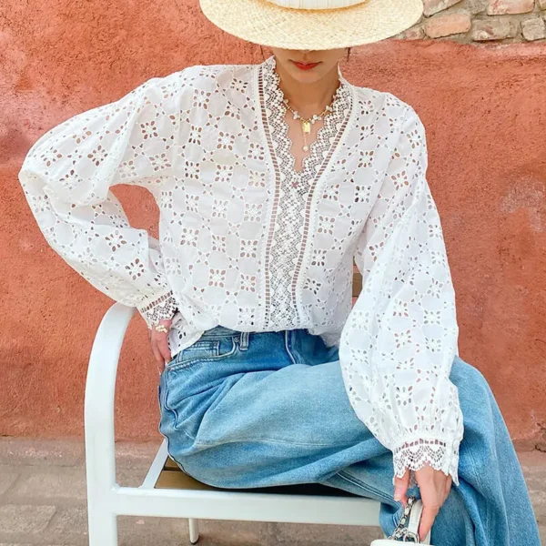 French Cotton Blouse Women Long Sleeve V Neck Loose Lace Embroidery Hollow Top