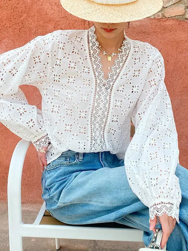 French Cotton Blouse Women Long Sleeve V Neck Loose Lace Embroidery Hollow Top