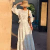 Women's Cotton Floral Embroidery Lace Ruffle Puff 3/4 Sleeve Top Skirt Set