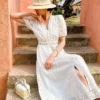 French Riviera Broderie Anglaise Cotton Puff Sleeve Midi Dress