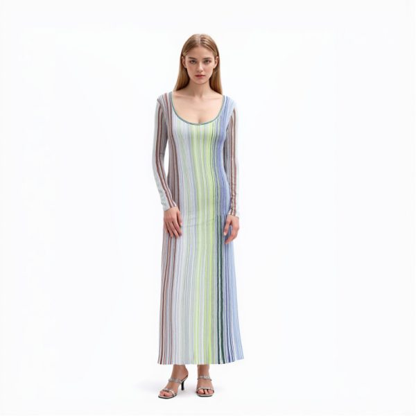 Elegant Striped Long Sleeve Midi Knit Dress Pleated High Waist Casual Skin-Friendly Cooling