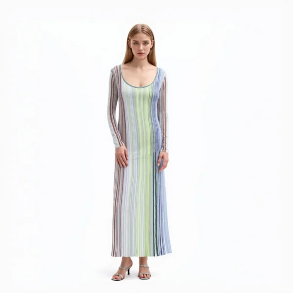 Elegant Striped Long Sleeve Midi Knit Dress Pleated High Waist Casual Skin-Friendly Cooling