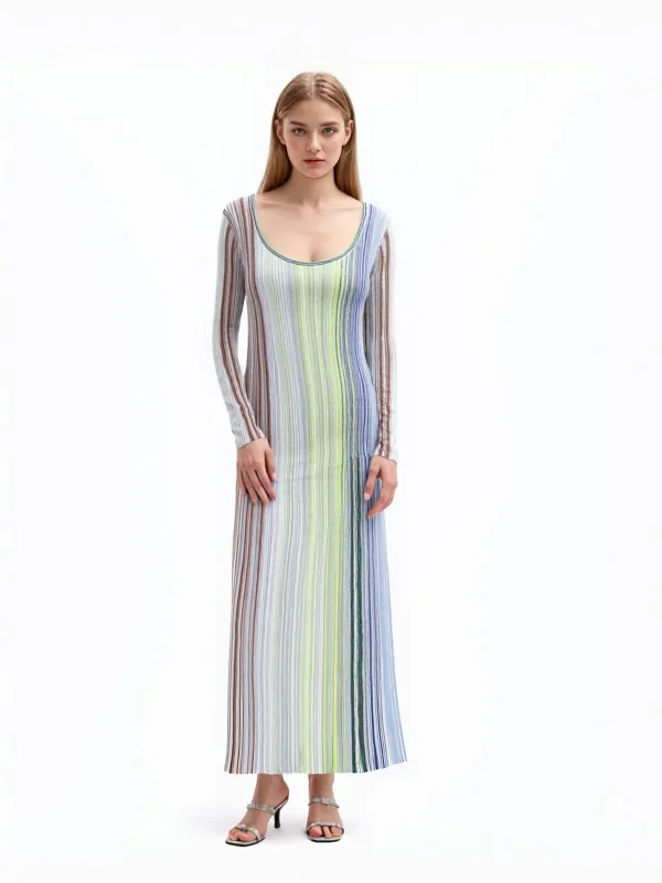 Elegant Striped Long Sleeve Midi Knit Dress Pleated High Waist Casual Skin-Friendly Cooling