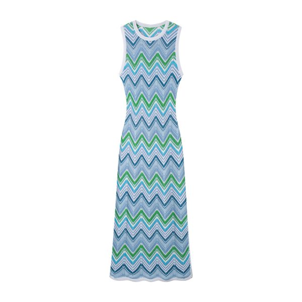 Skin-Friendly Cooling Elegant Sleeveless Round Neck Chevron Stripe Midi Knit Dress High Waisted Office
