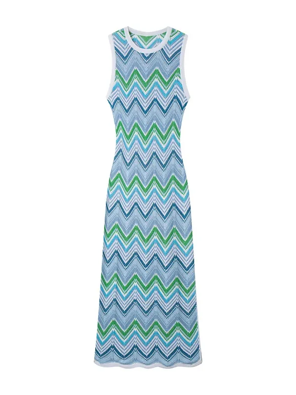 Skin-Friendly Cooling Elegant Sleeveless Round Neck Chevron Stripe Midi Knit Dress High Waisted Office