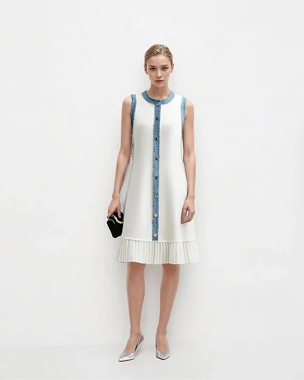 White Sleeveless Knit Midi Dress Button Front Pleated Contrast Trim Elegant Work Casual