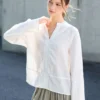 Minimalist Breathable Linen V Neck Long Sleeve Blouse