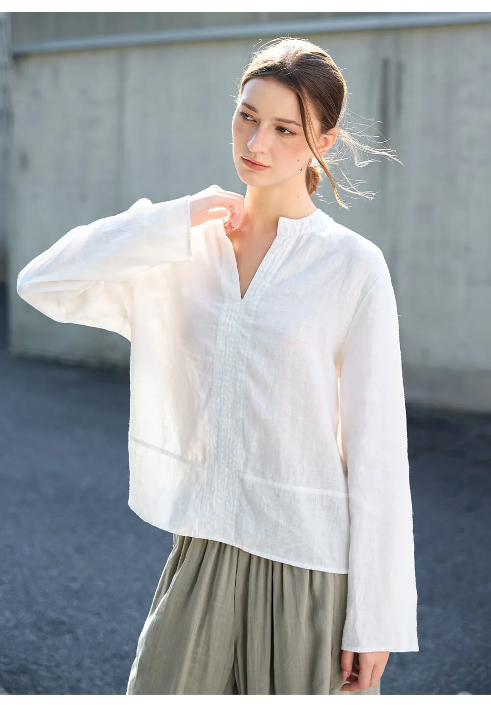 Minimalist Breathable Linen V Neck Long Sleeve Blouse