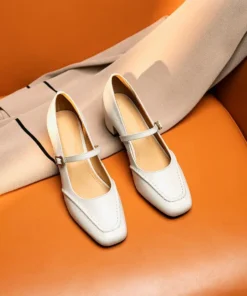 Women's TopGrain Cowhide Mary Jane Square Toe Thick Heel Casual Shoes