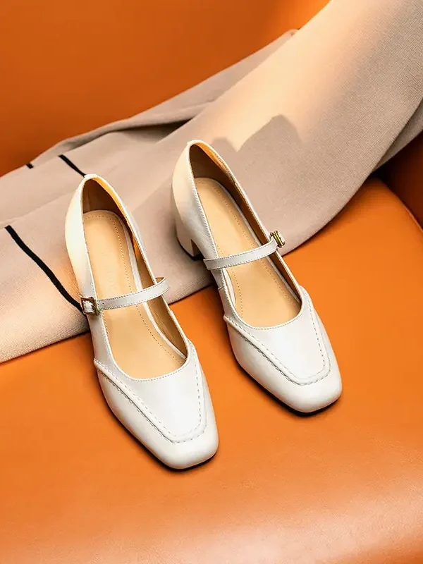 Women's TopGrain Cowhide Mary Jane Square Toe Thick Heel Casual Shoes
