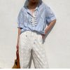 Women's Resort Striped Linen Mix Short Sleeve Loose V Neck Shirt Lace Tassel