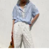 Women's Resort Striped Linen Mix Short Sleeve Loose V Neck Shirt Lace Tassel