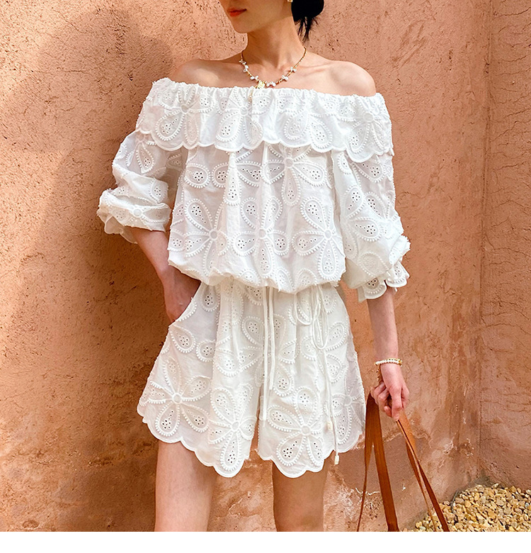 Women's French Boat Neck 3/4 Sleeve Embroidered Floral Cotton Top